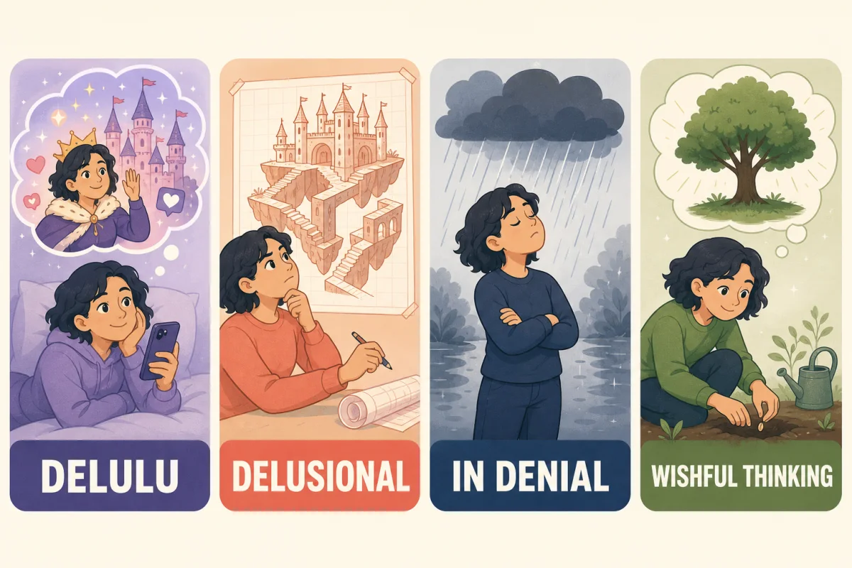 Comparaison visuelle entre delulu, delusional, in denial et wishful thinking