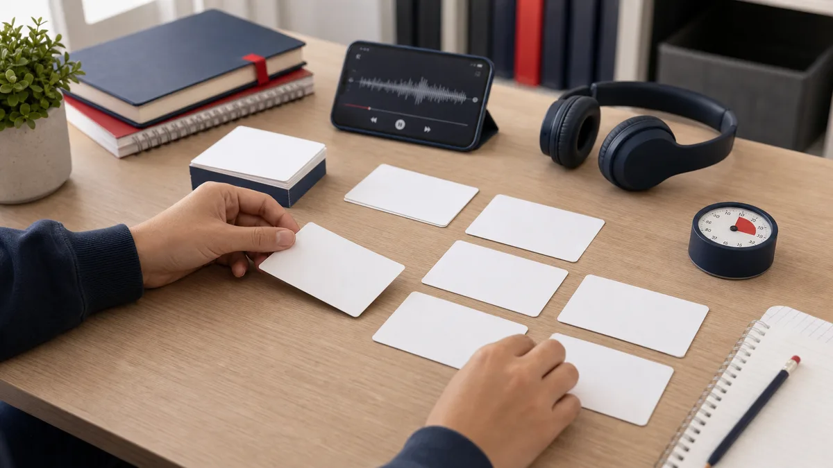 Cartes de révision et écoute active pour mémoriser les idioms anglais en contexte