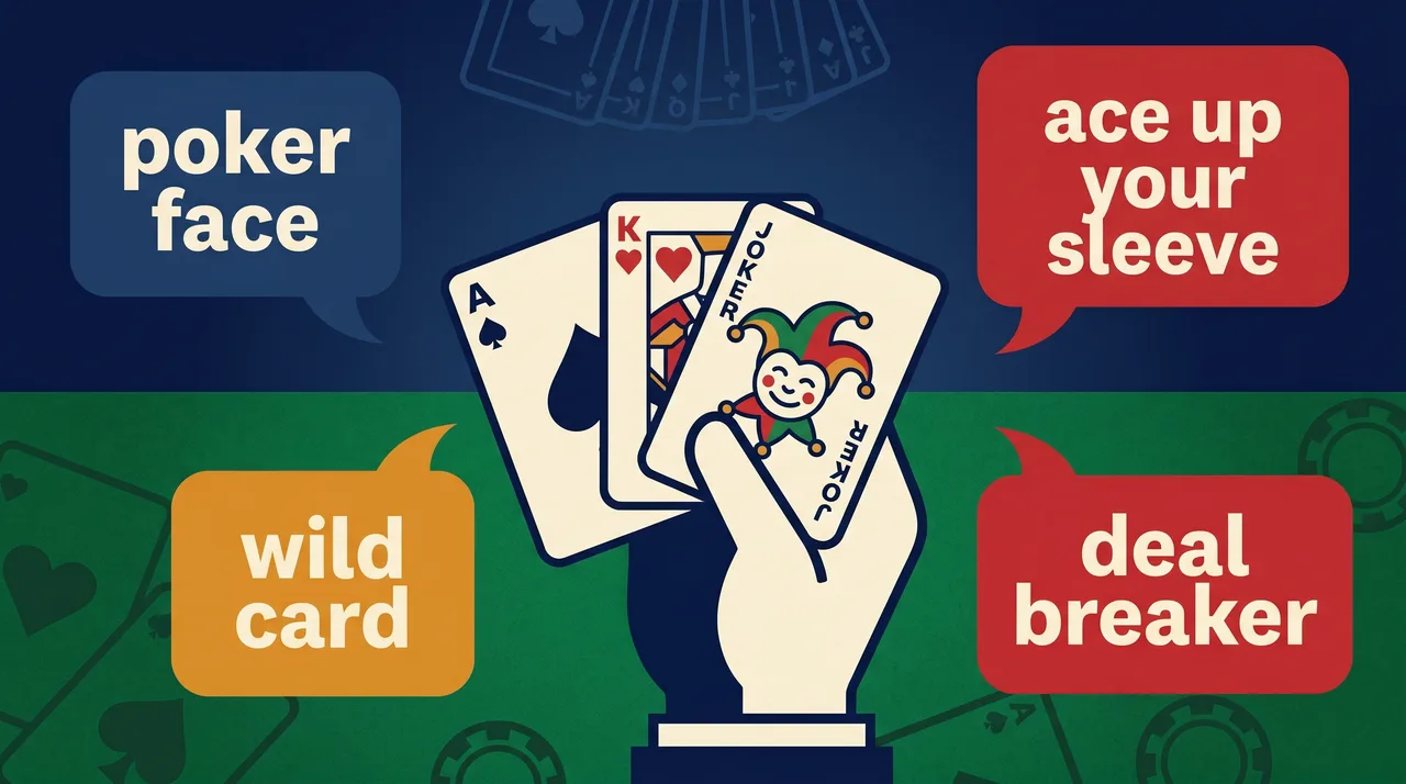 Main de cartes avec bulles de dialogue : poker face, ace up your sleeve, wild card, deal breaker