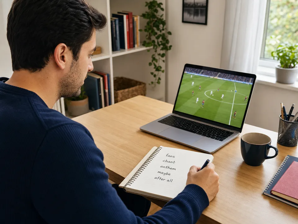 Apprenant notant le vocabulaire de Wonderwall tout en regardant un match anglais