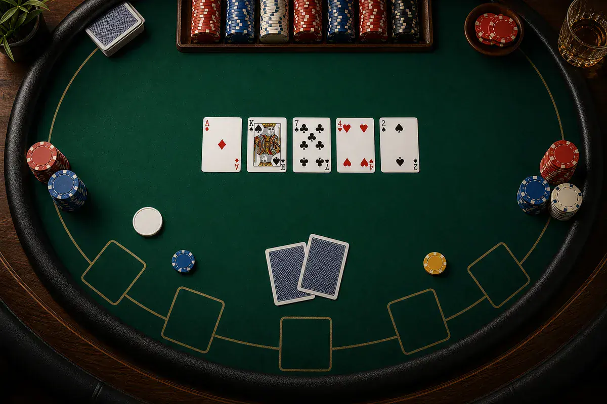 Vue aérienne d'une table de Texas Hold'em avec cartes communes, hole cards, jetons et dealer button